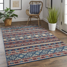 2' X 3' Blue Red And Ivory Geometric Power Loom Distressed Stain Resistant Area Rug