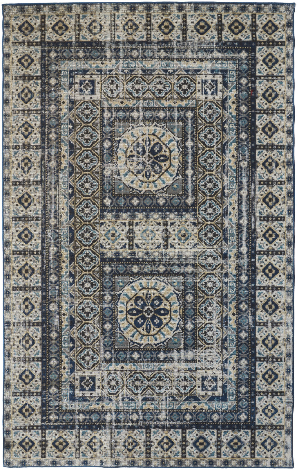 2' X 3' Ivory Tan And Blue Abstract Power Loom Distressed Stain Resistant Area Rug