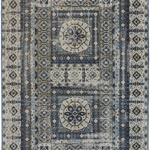 2' X 3' Ivory Tan And Blue Abstract Power Loom Distressed Stain Resistant Area Rug