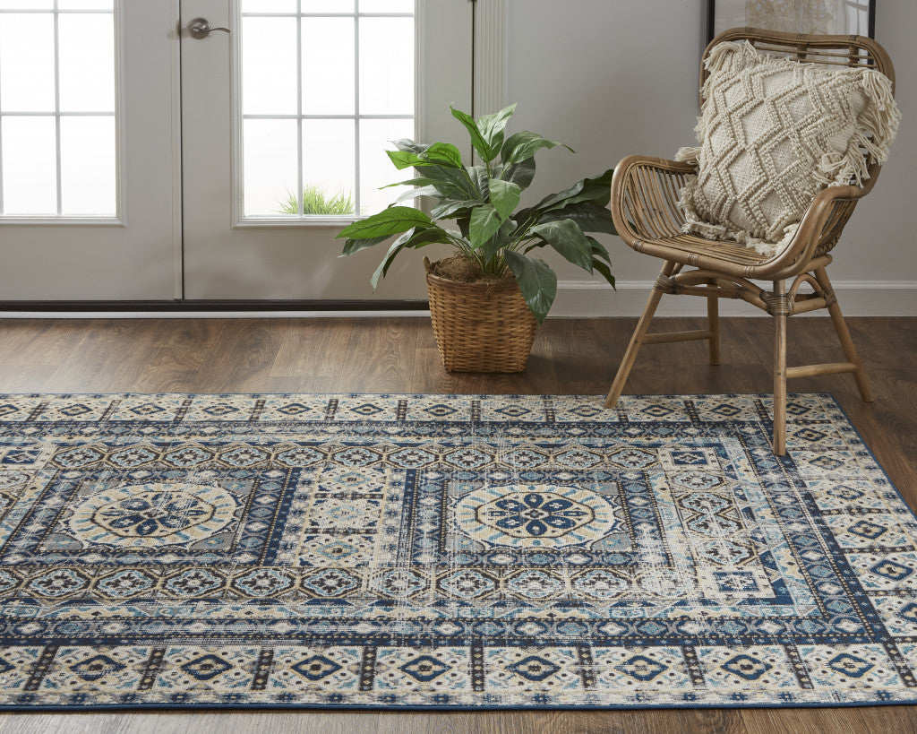 2' X 3' Ivory Tan And Blue Abstract Power Loom Distressed Stain Resistant Area Rug