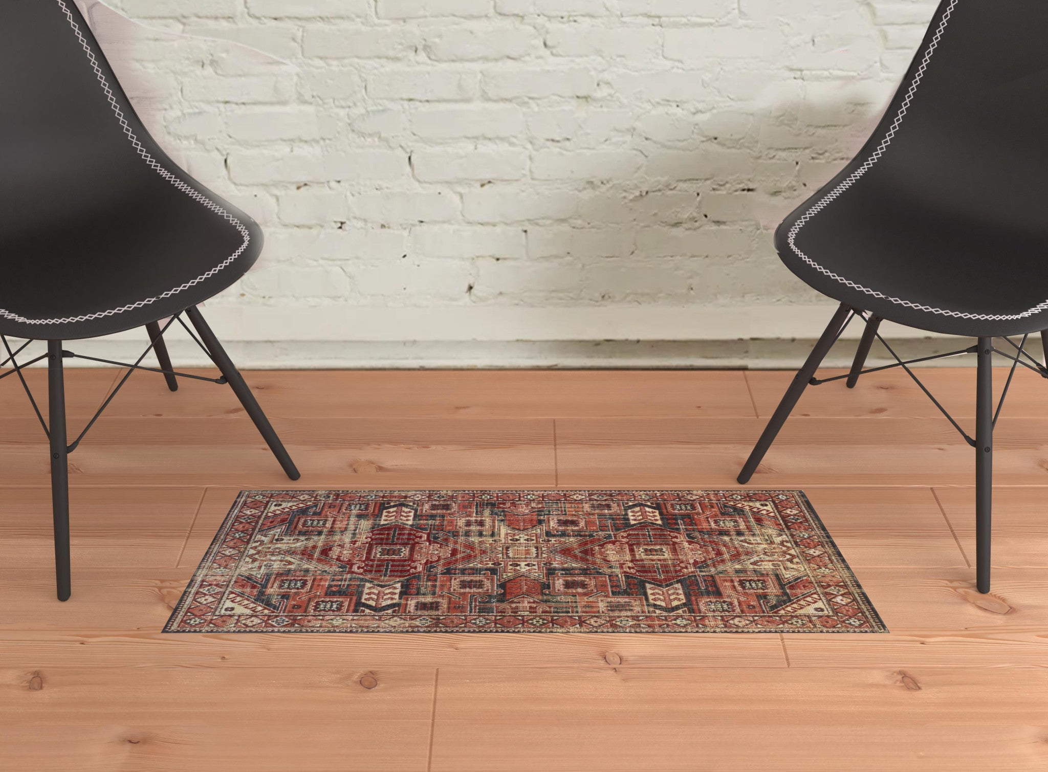 Red Tan And Black Abstract Power Loom Distressed Stain Resistant Area Rug - 2' x 3'