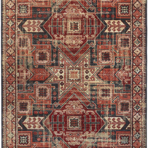 Red Tan And Black Abstract Power Loom Distressed Stain Resistant Area Rug - 2' x 3'