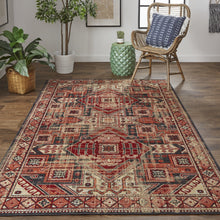 Red Tan And Black Abstract Power Loom Distressed Stain Resistant Area Rug - 2' x 3'