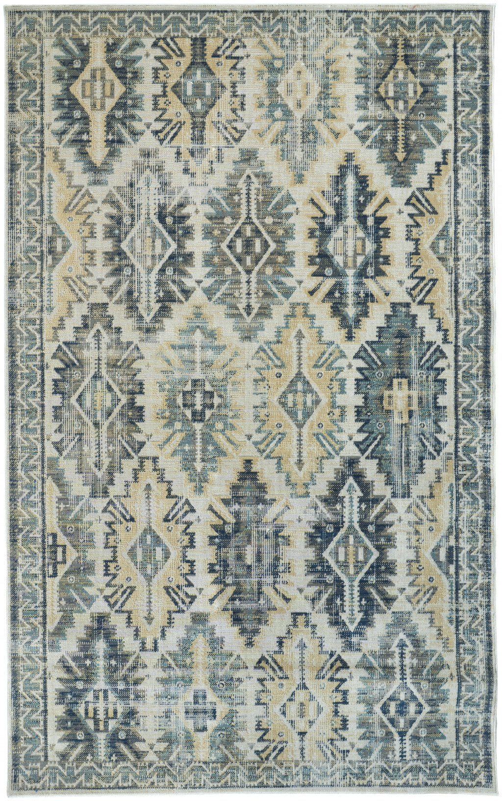 2' X 3' Green Blue And Ivory Abstract Power Loom Distressed Stain Resistant Area Rug