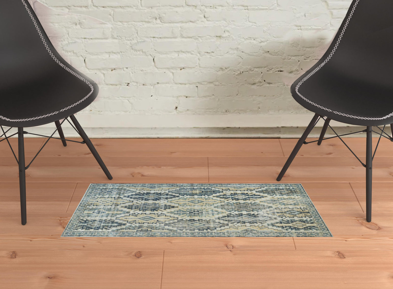 2' X 3' Green Blue And Ivory Abstract Power Loom Distressed Stain Resistant Area Rug