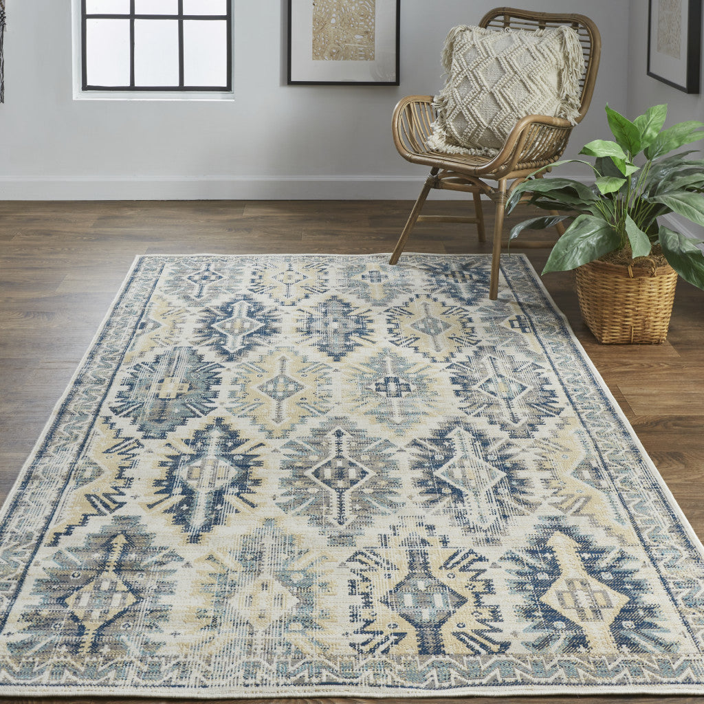 2' X 3' Green Blue And Ivory Abstract Power Loom Distressed Stain Resistant Area Rug