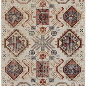2' X 3' Ivory Red And Tan Abstract Power Loom Distressed Stain Resistant Area Rug