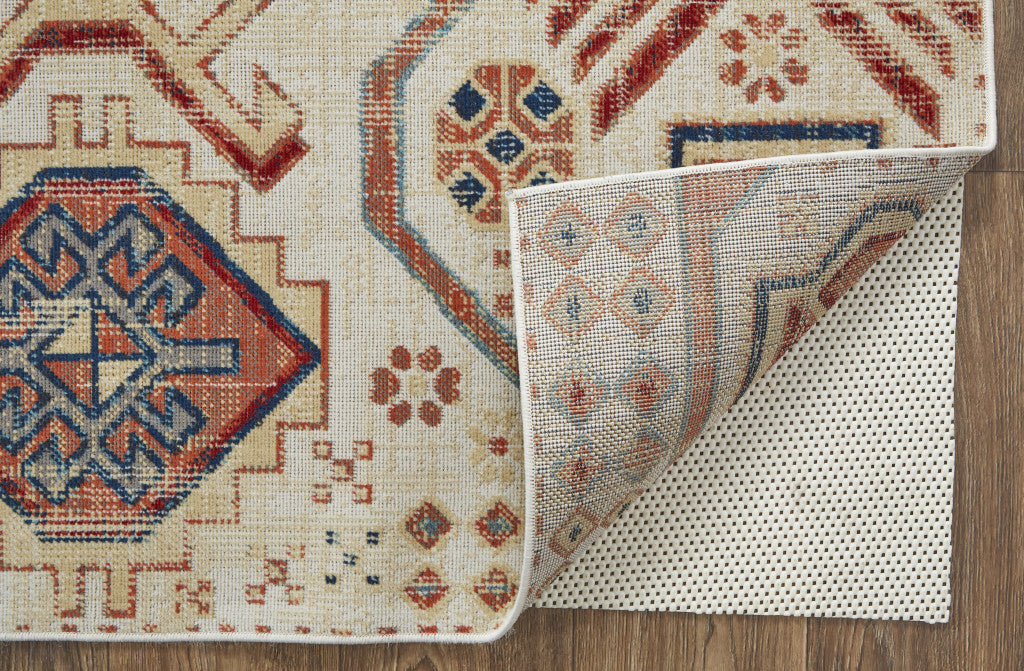 2' X 3' Ivory Red And Tan Abstract Power Loom Distressed Stain Resistant Area Rug