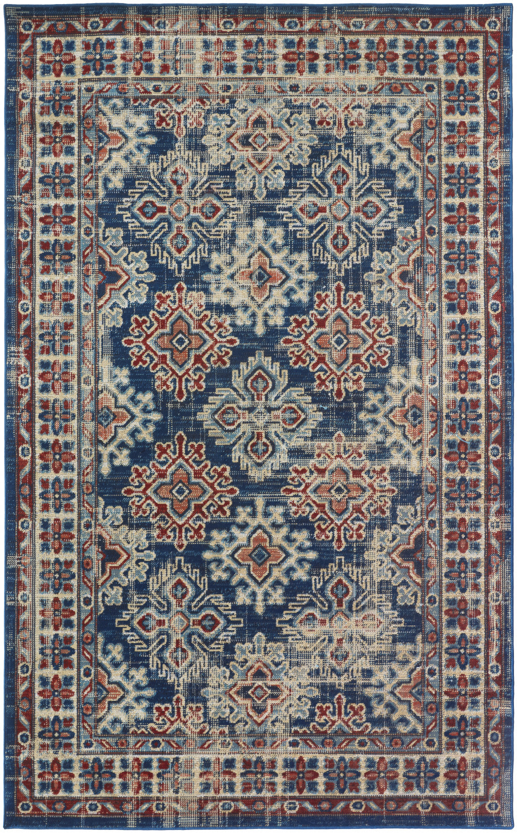 2' X 3' Blue Red And Ivory Abstract Power Loom Distressed Stain Resistant Area Rug