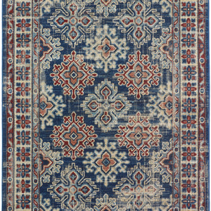 2' X 3' Blue Red And Ivory Abstract Power Loom Distressed Stain Resistant Area Rug