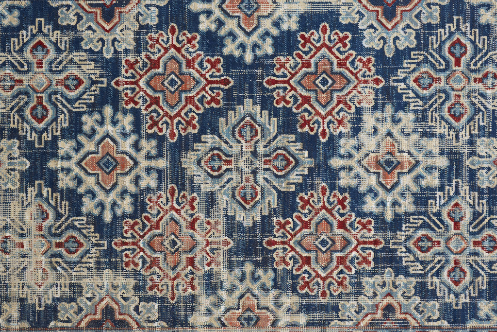 2' X 3' Blue Red And Ivory Abstract Power Loom Distressed Stain Resistant Area Rug