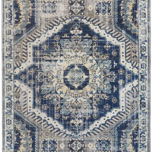 2' X 3' Blue And Ivory Abstract Power Loom Distressed Stain Resistant Area Rug