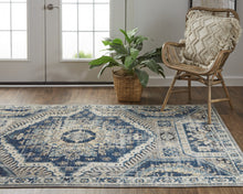 2' X 3' Blue And Ivory Abstract Power Loom Distressed Stain Resistant Area Rug