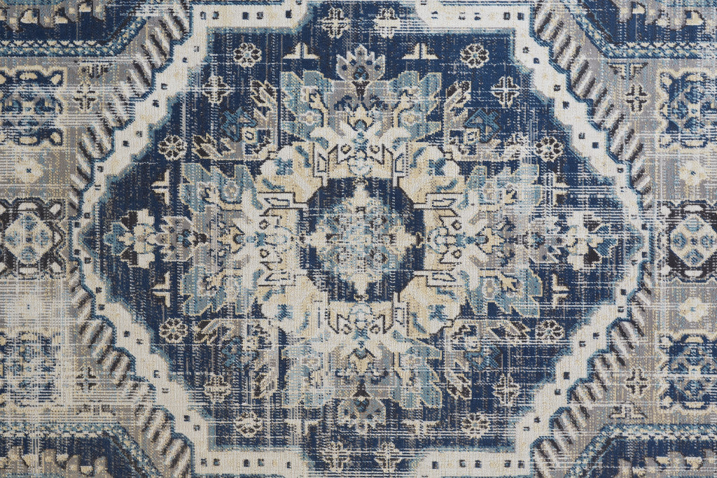 2' X 3' Blue And Ivory Abstract Power Loom Distressed Stain Resistant Area Rug