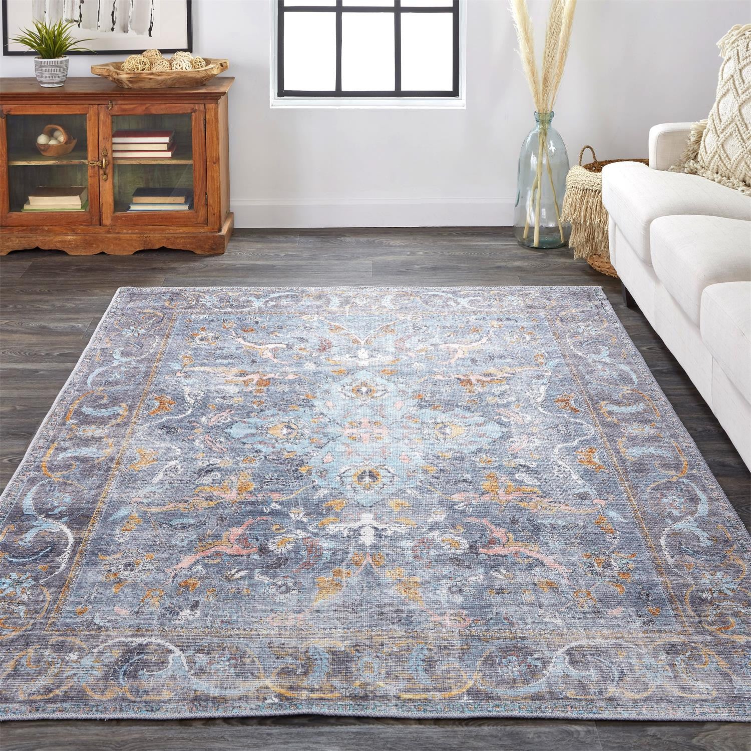 Blue Gray And Orange Floral Area Rug - 2' x 3'