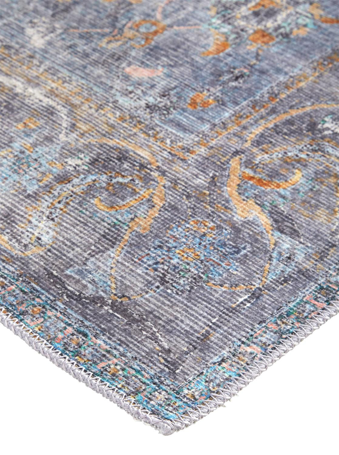 Blue Gray And Orange Floral Area Rug - 2' x 3'