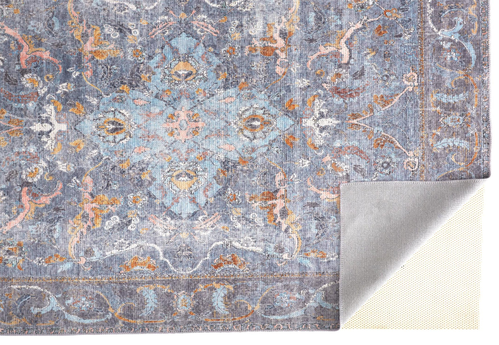 Blue Gray And Orange Floral Area Rug - 2' x 3'