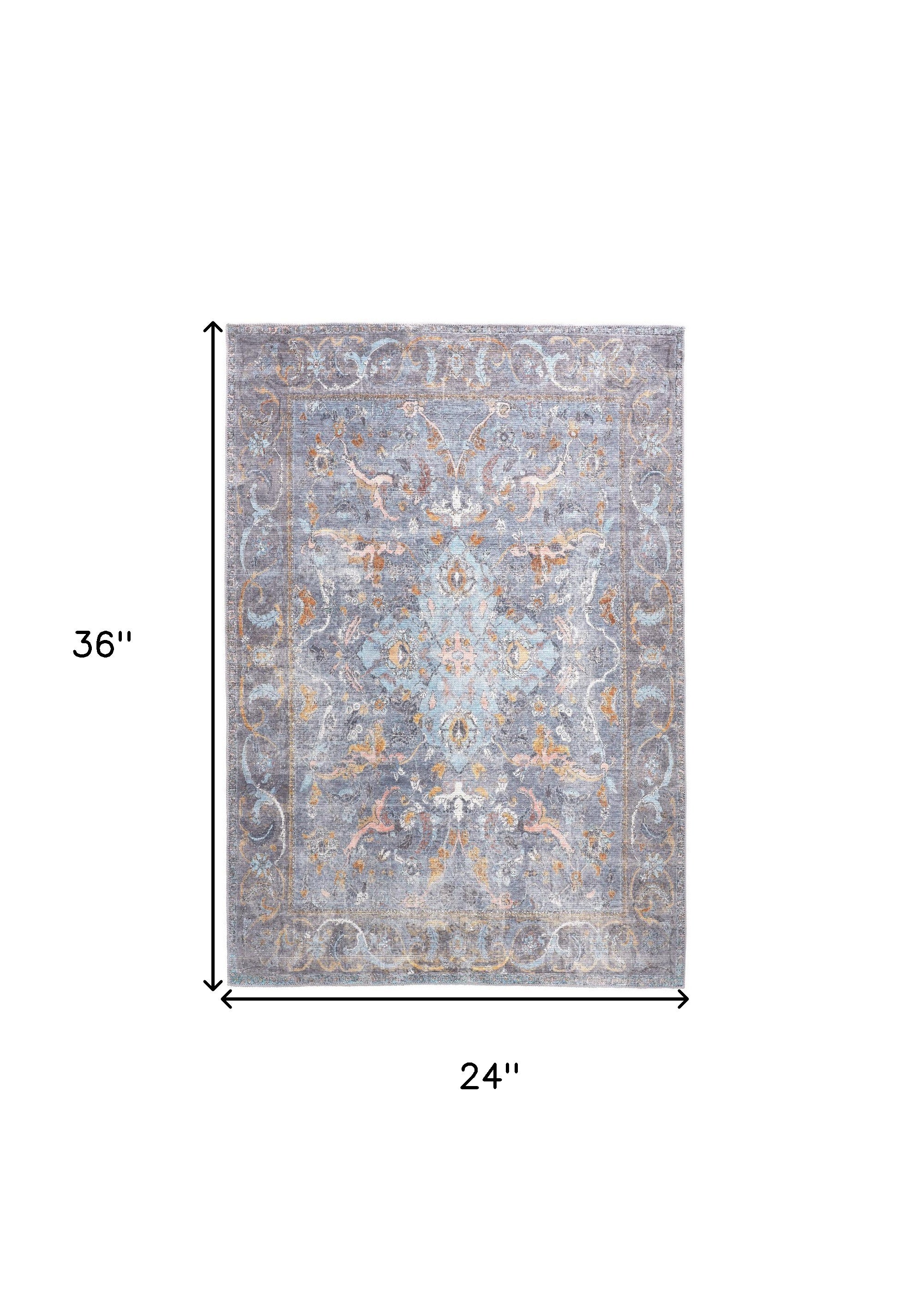 Blue Gray And Orange Floral Area Rug - 2' x 3'