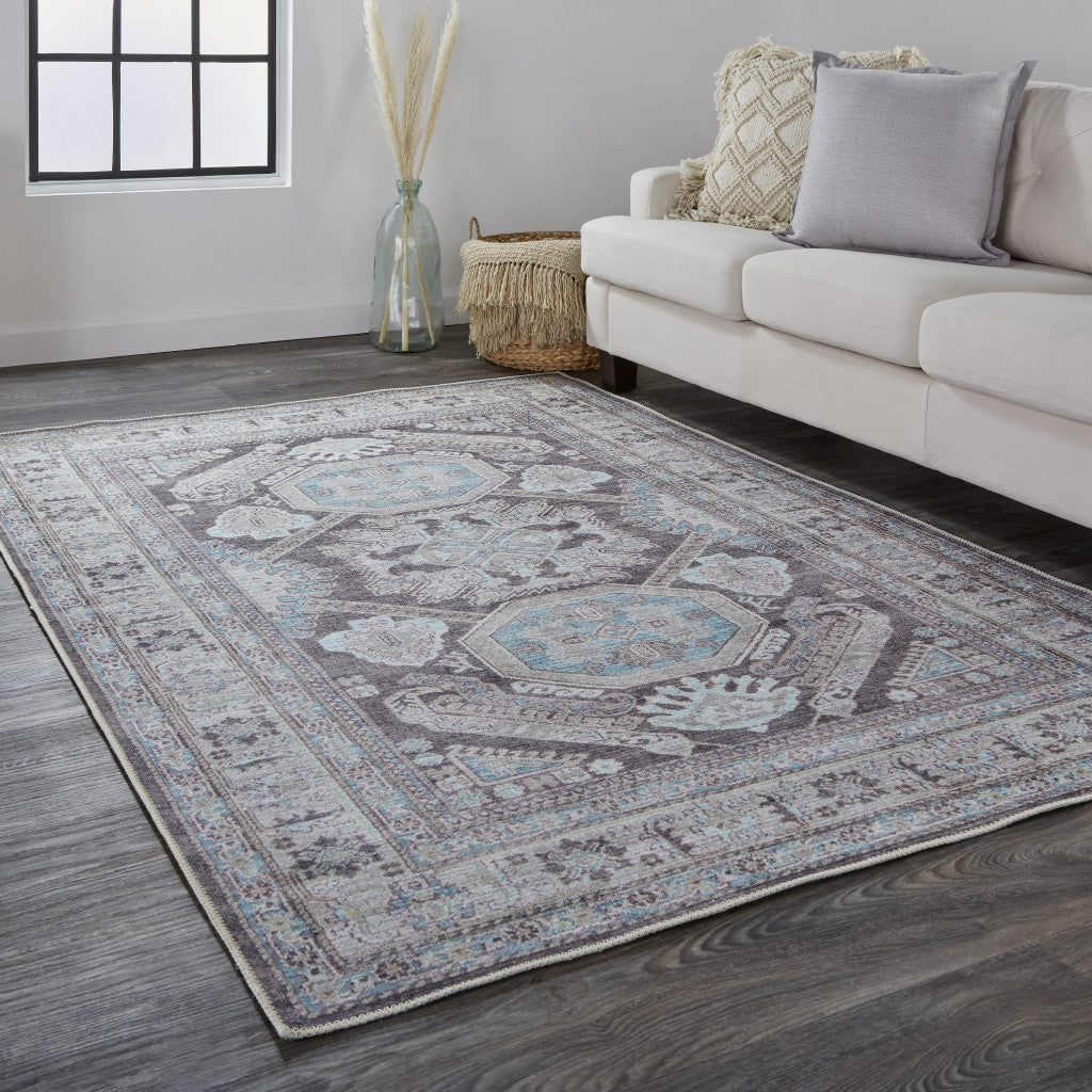 Gray Taupe And Blue Floral Area Rug - 2' x 3'