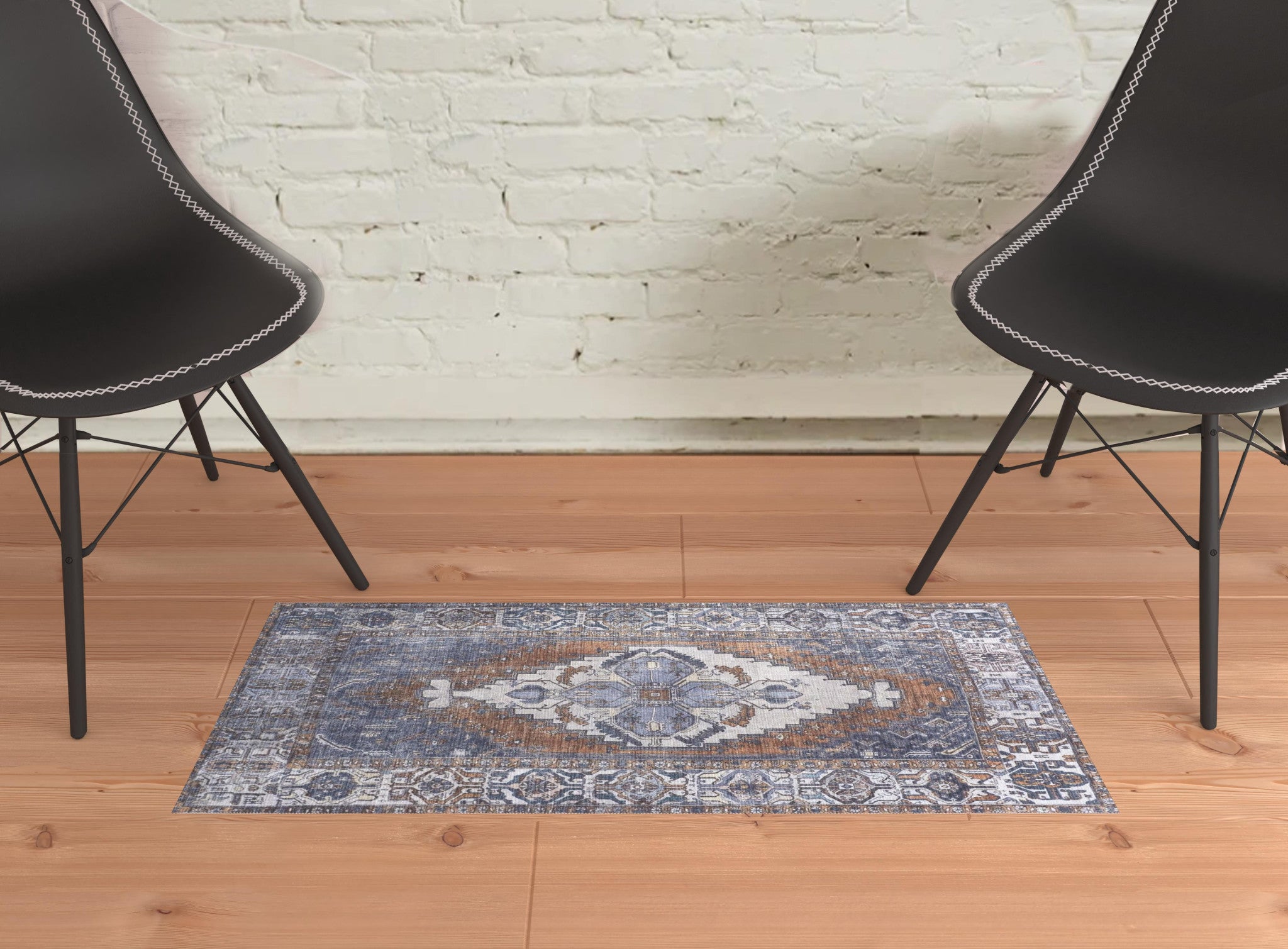 Blue Ivory And Brown Floral Area Rug - 2' x 3'