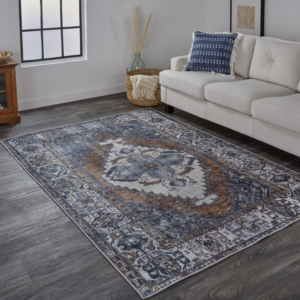 Blue Ivory And Brown Floral Area Rug - 2' x 3'