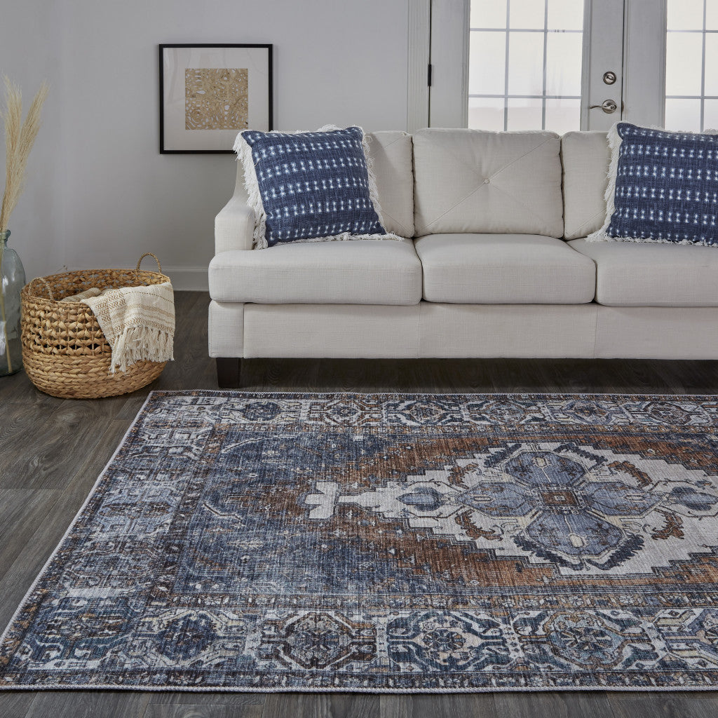 Blue Ivory And Brown Floral Area Rug - 2' x 3'