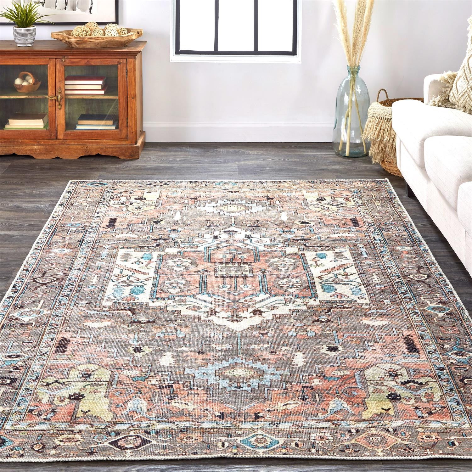 Taupe Red And Brown Floral Area Rug - 2' x 3'