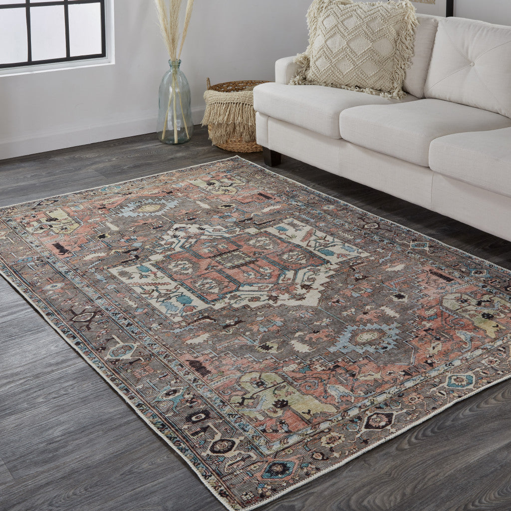 Taupe Red And Brown Floral Area Rug - 2' x 3'