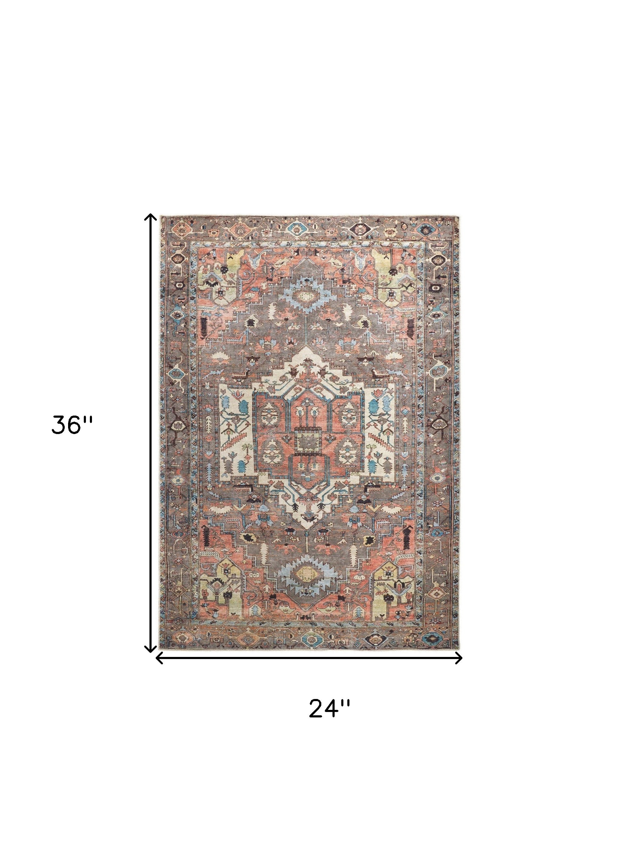 Taupe Red And Brown Floral Area Rug - 2' x 3'