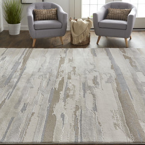 2' X 3' Ivory Tan And Brown Abstract Power Loom Distressed Stain Resistant Area Rug