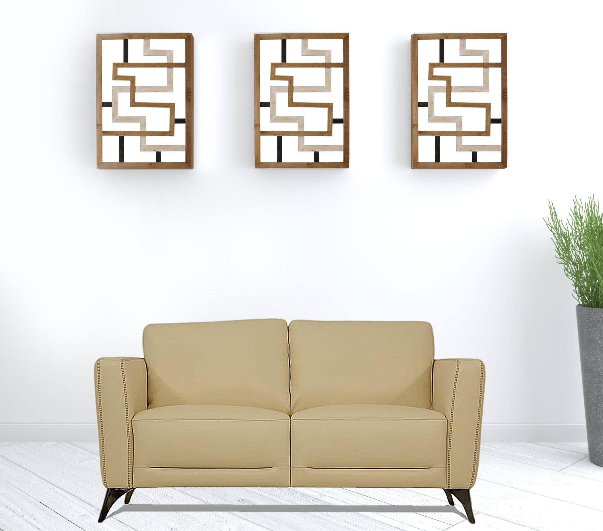 Cream Leather And Black Standard Love Seat 59"