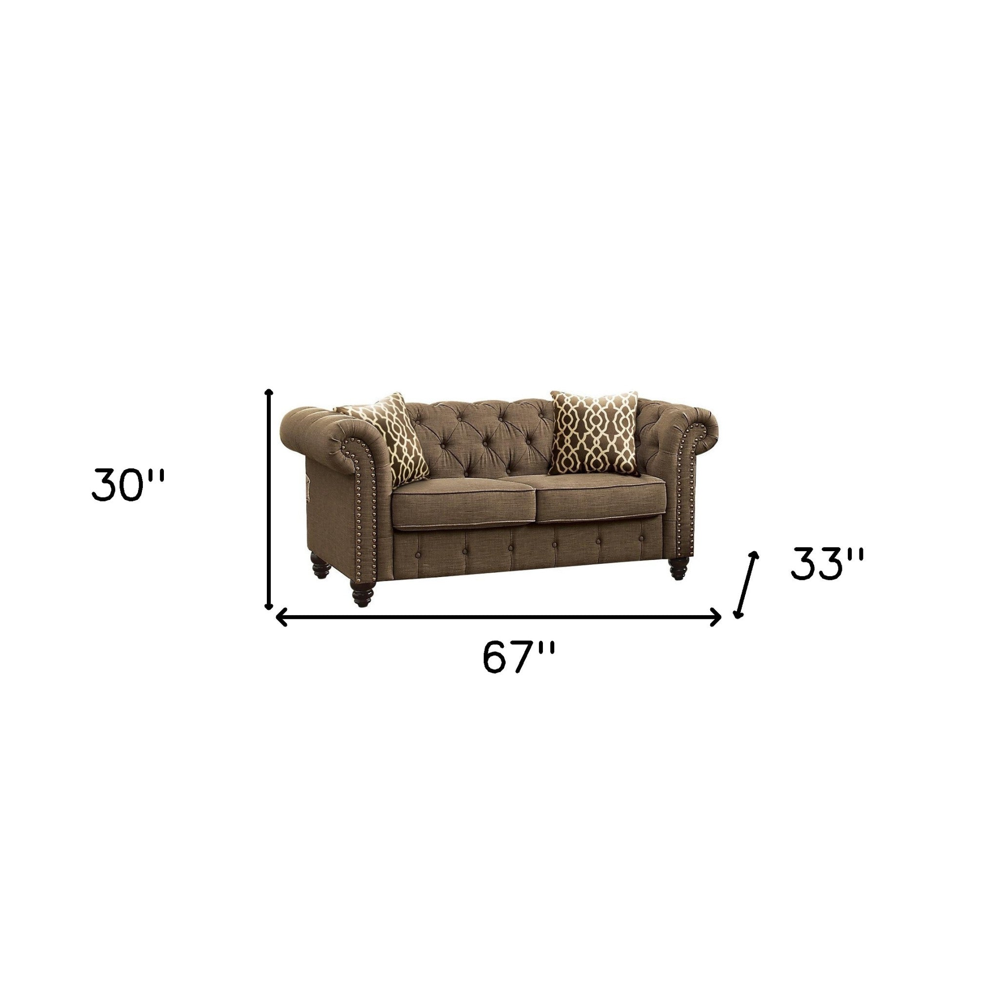 Brown 100% Linen And Black Standard Love Seat 67"