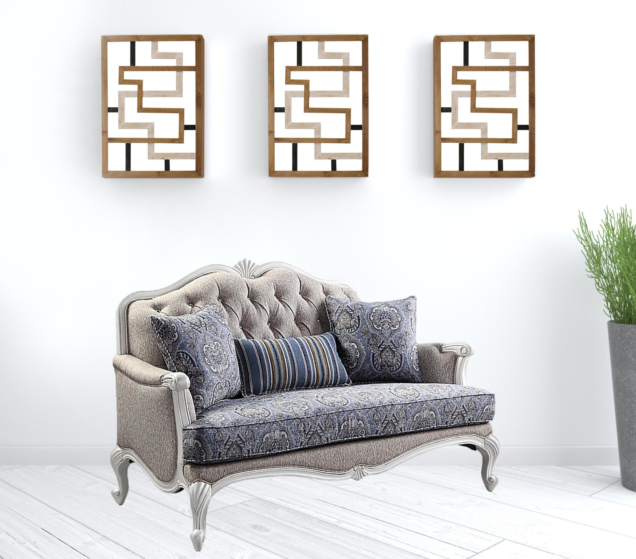 Love Seat estándar beige 100% lino y blanco de 64"