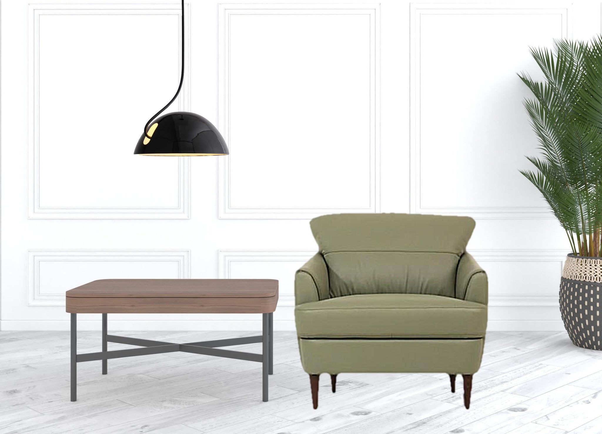 34" Moss Green Genuine Leather And Black Arm Chair