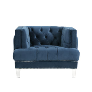 41" Blue Velvet And Black Tufted Arm Chair