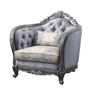 43" Light Gray Fabric And Platinum Floral Tufted Arm Chair