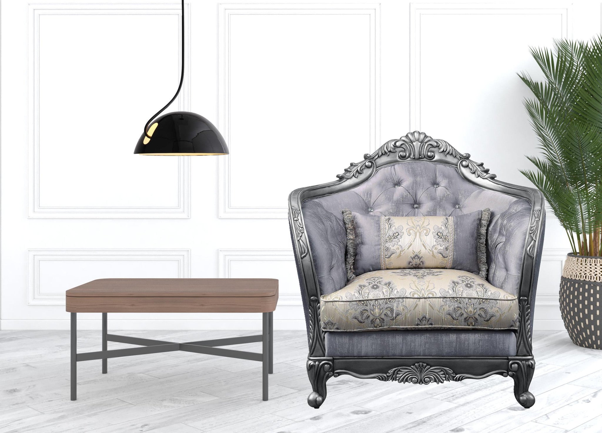 Sillón capitoné floral platino y tela gris claro de 43"