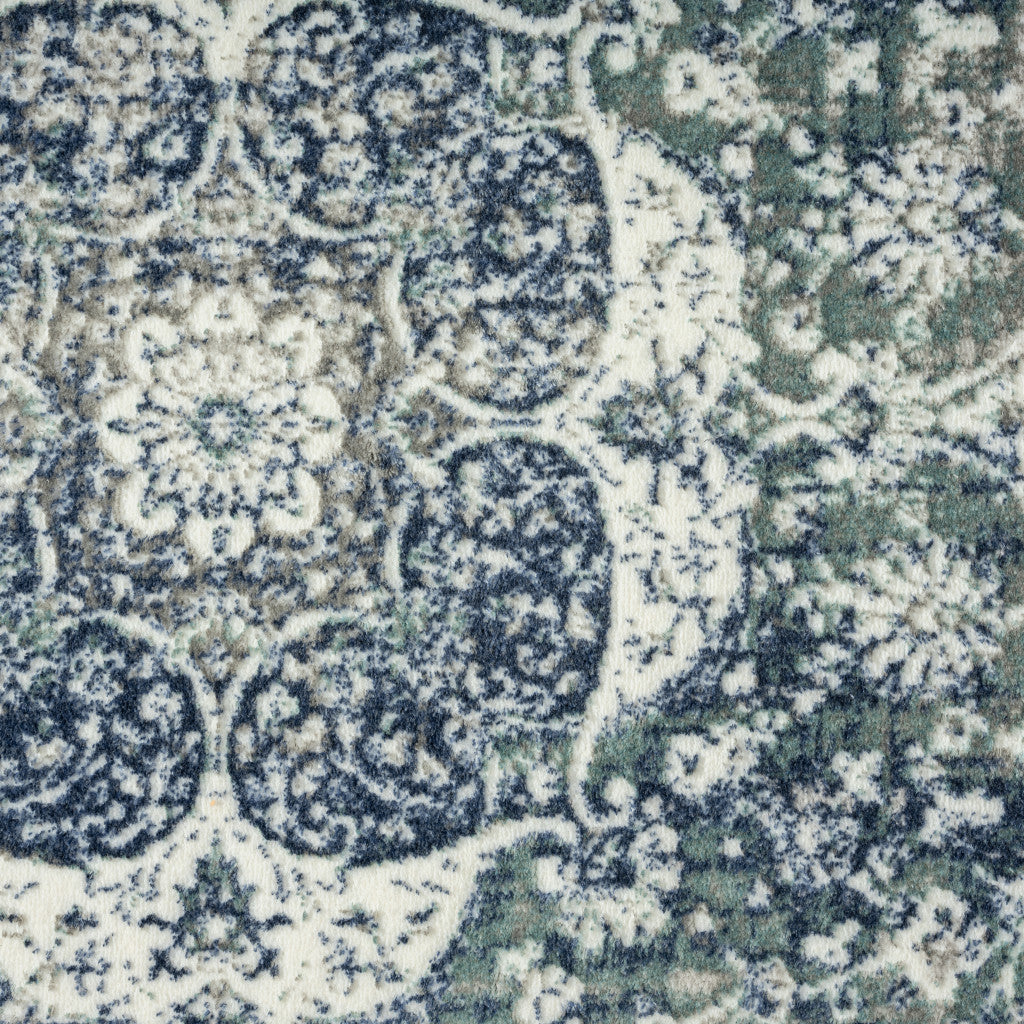 5' X 7' Blue Floral Stain Resistant Area Rug