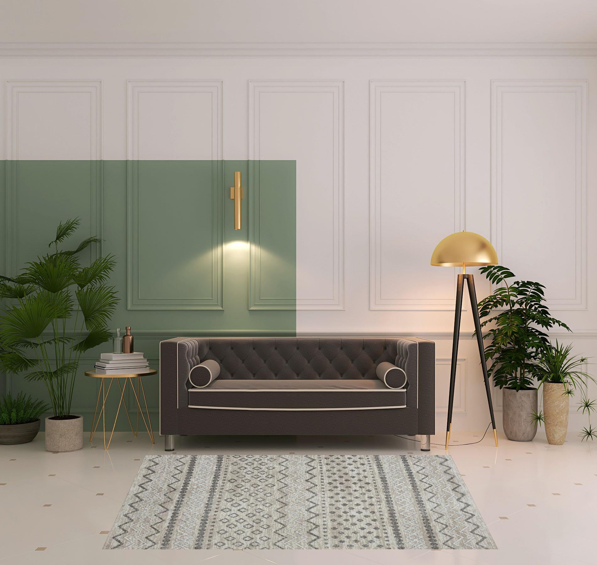 5' X 7' Beige Geometric Washable Area Rug