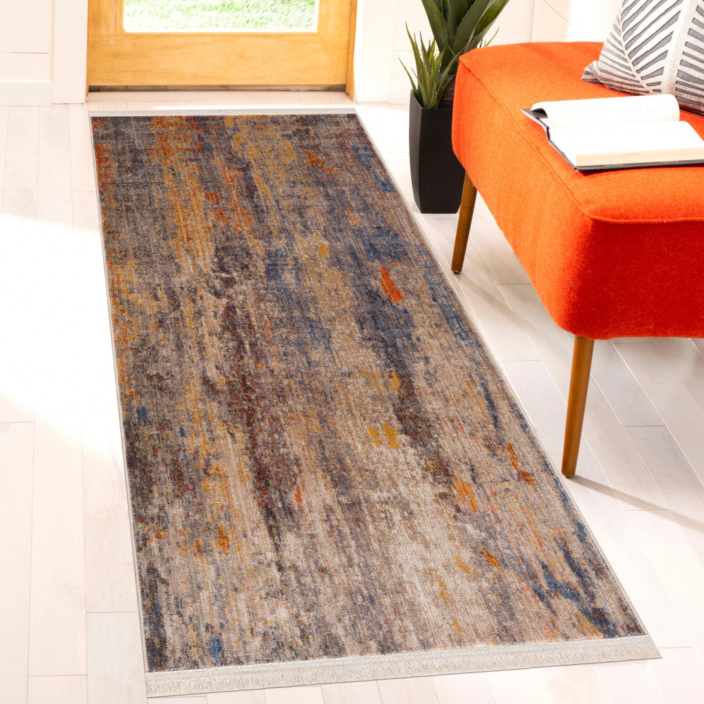 2' X 6' Beige Abstract Distressed Runner Rug
