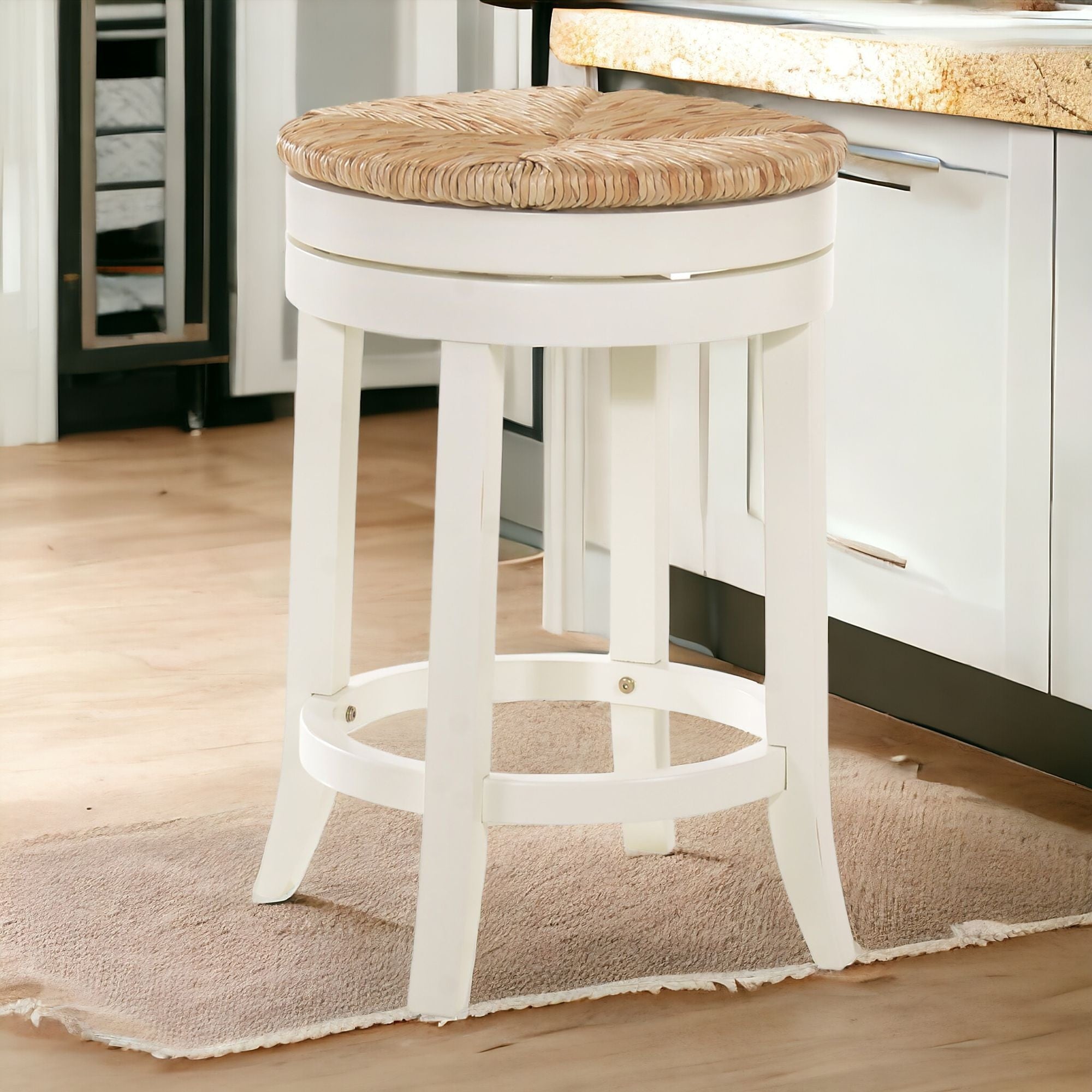 24" Natural And Antiqued White Swivel Backless Counter Height Bar Chair With Footrest