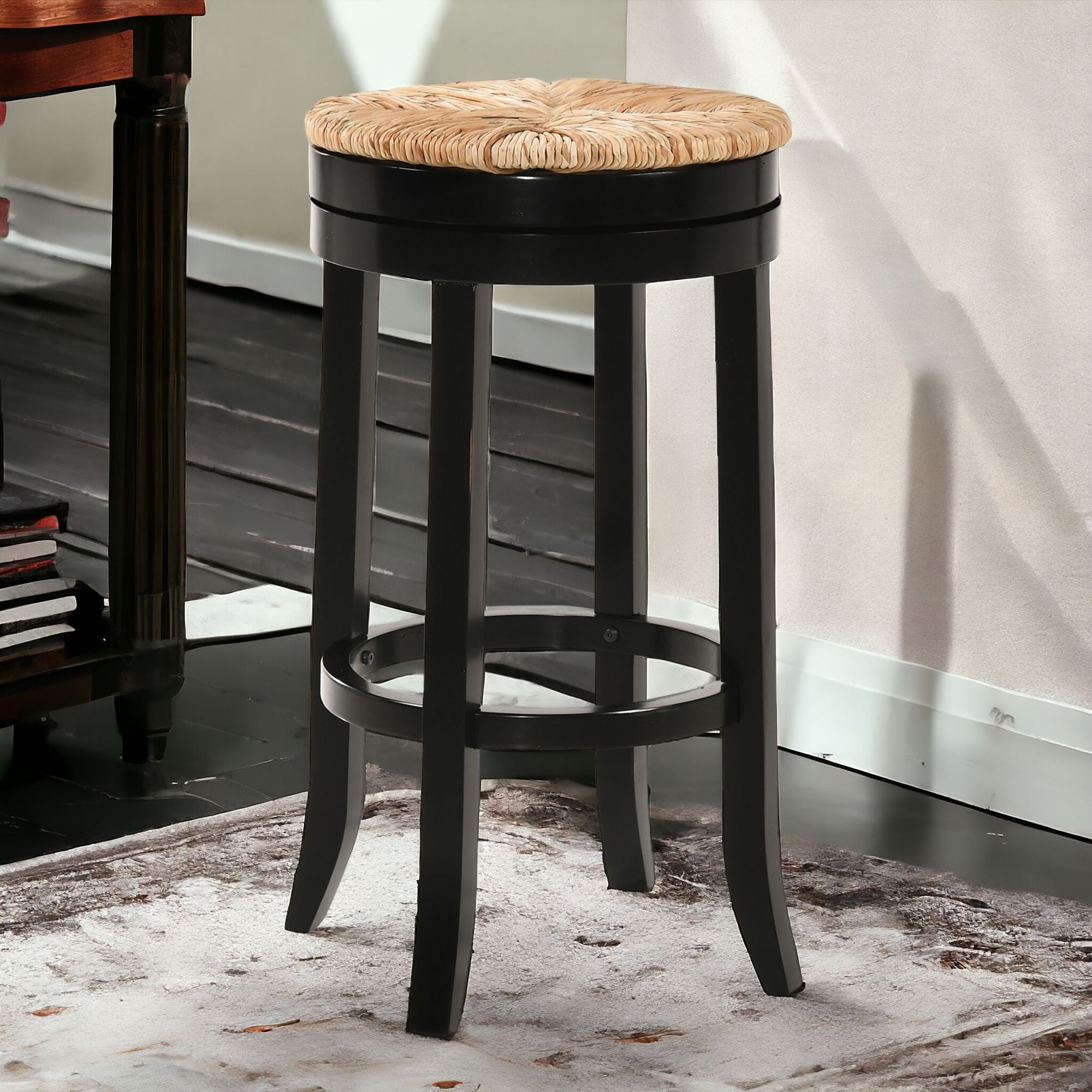 30" Natural And Black Swivel Backless Bar Height Chair With Footrest