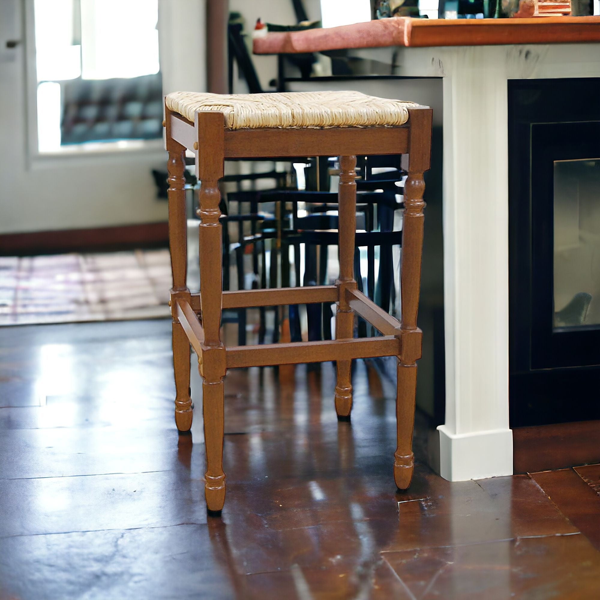29" Natural And Brown Backless Bar Height Chair With Footrest