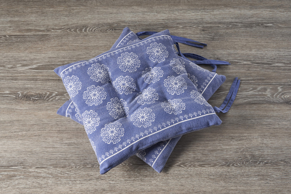 Set Of Two 17" X 17" Twilight Blue and Ivory Cotton Floral Dining Chair Pad