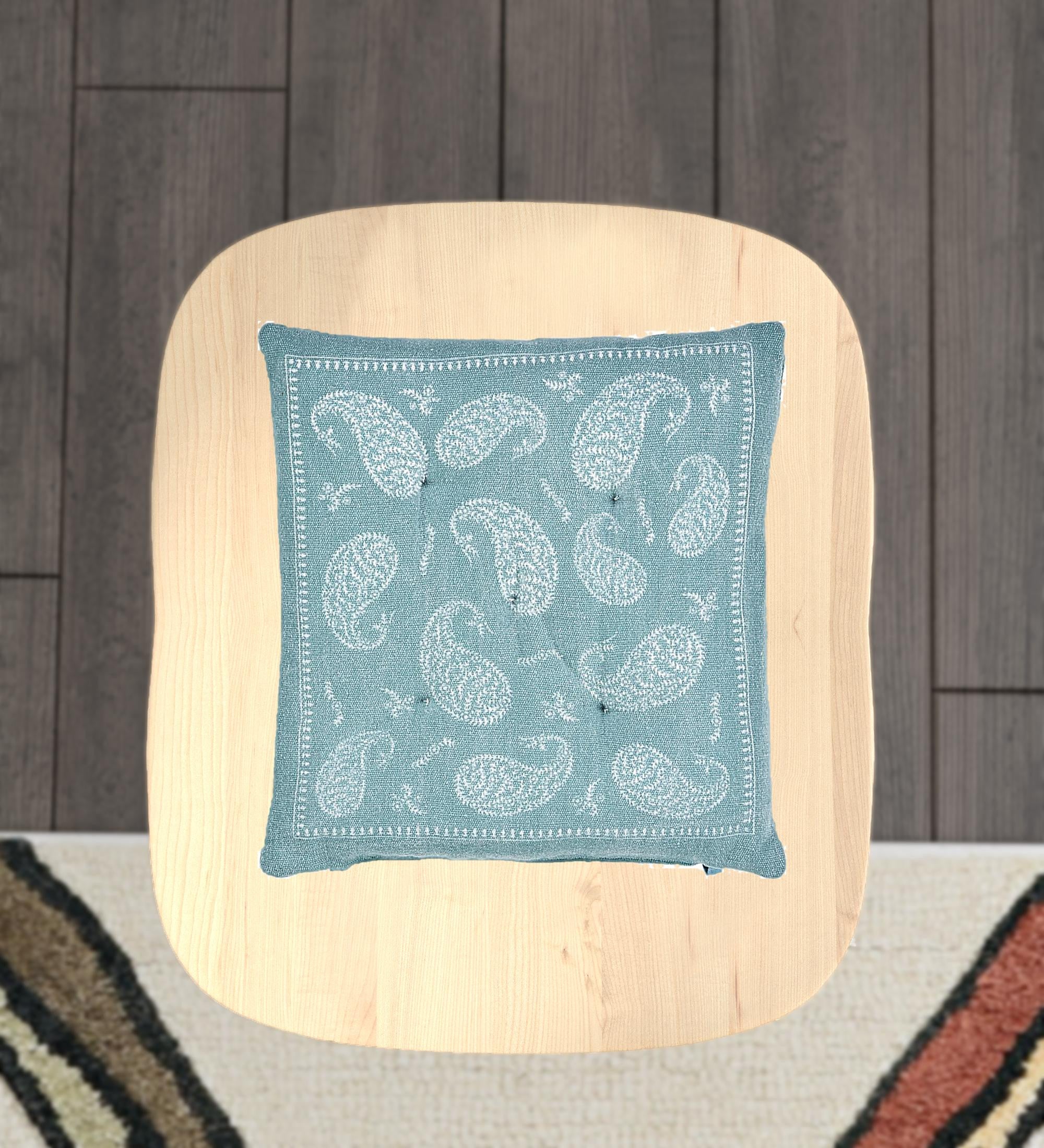 Teal and Ivory Cotton Paisley Dining Chair Pad Set Of Two - 17" x 17"
