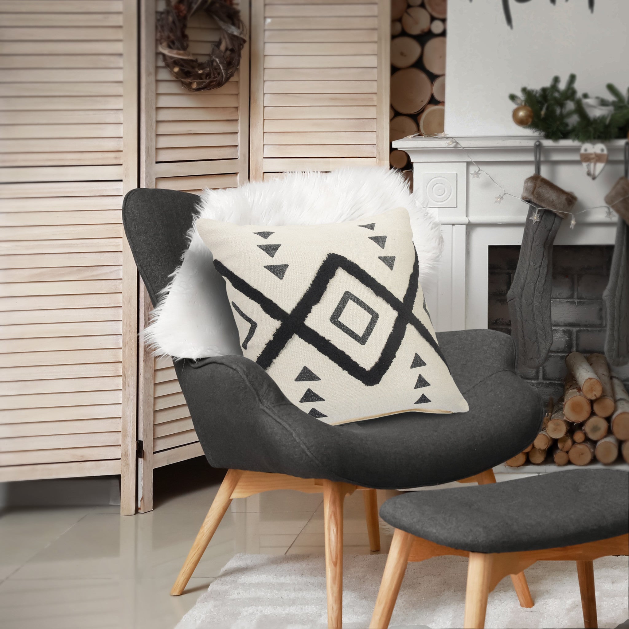 Set Of Two 20" X 20" Cream Black And Gray Geometric Zippered 100% Cotton Throw Pillow