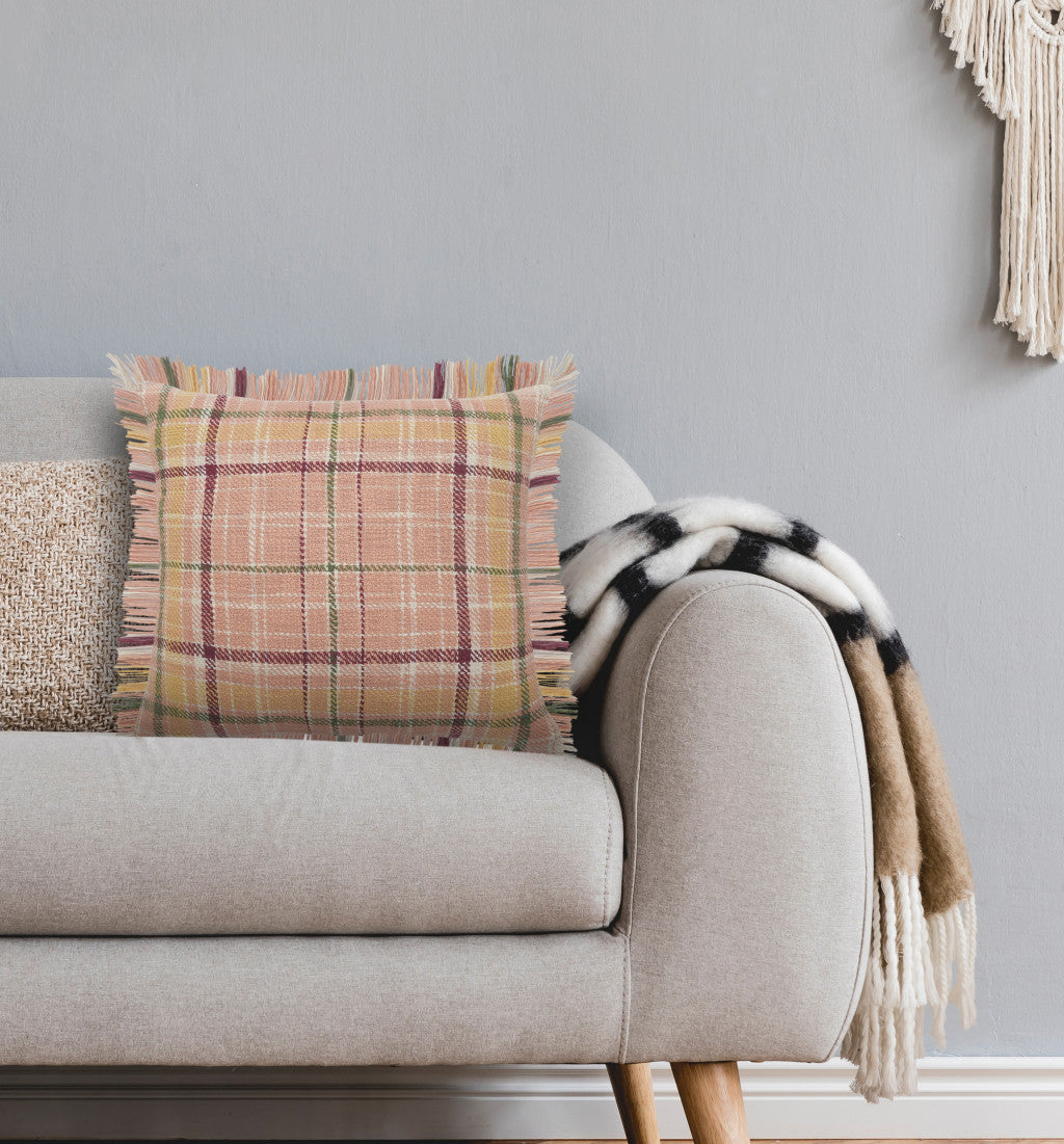 Pink Plaid Zippered 100% Cotton Throw Pillow Set Of Two - 20" x 20"