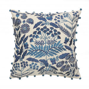 20" X 20" Navy And Off-White 100% Cotton Floral Zippered Pillow