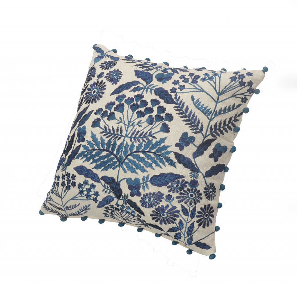 20" X 20" Navy And Off-White 100% Cotton Floral Zippered Pillow