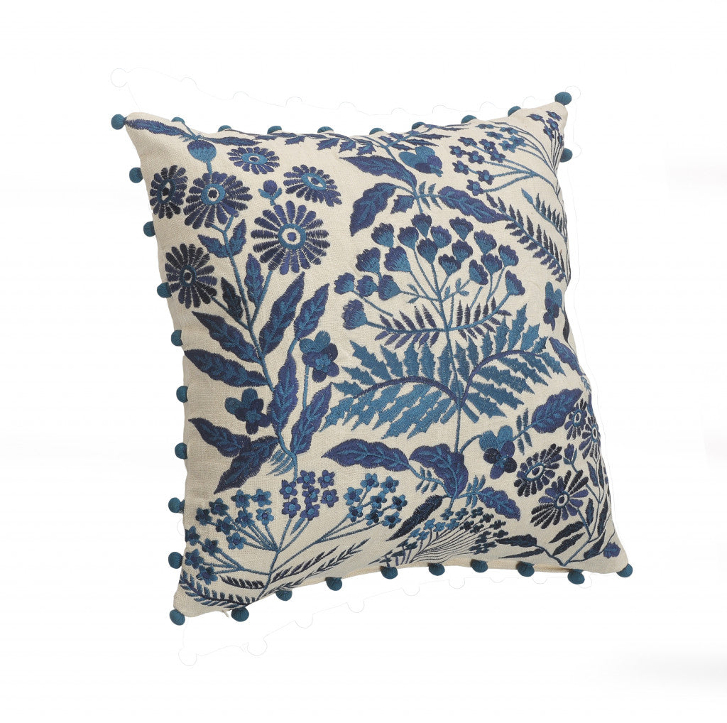 20" X 20" Navy And Off-White 100% Cotton Floral Zippered Pillow